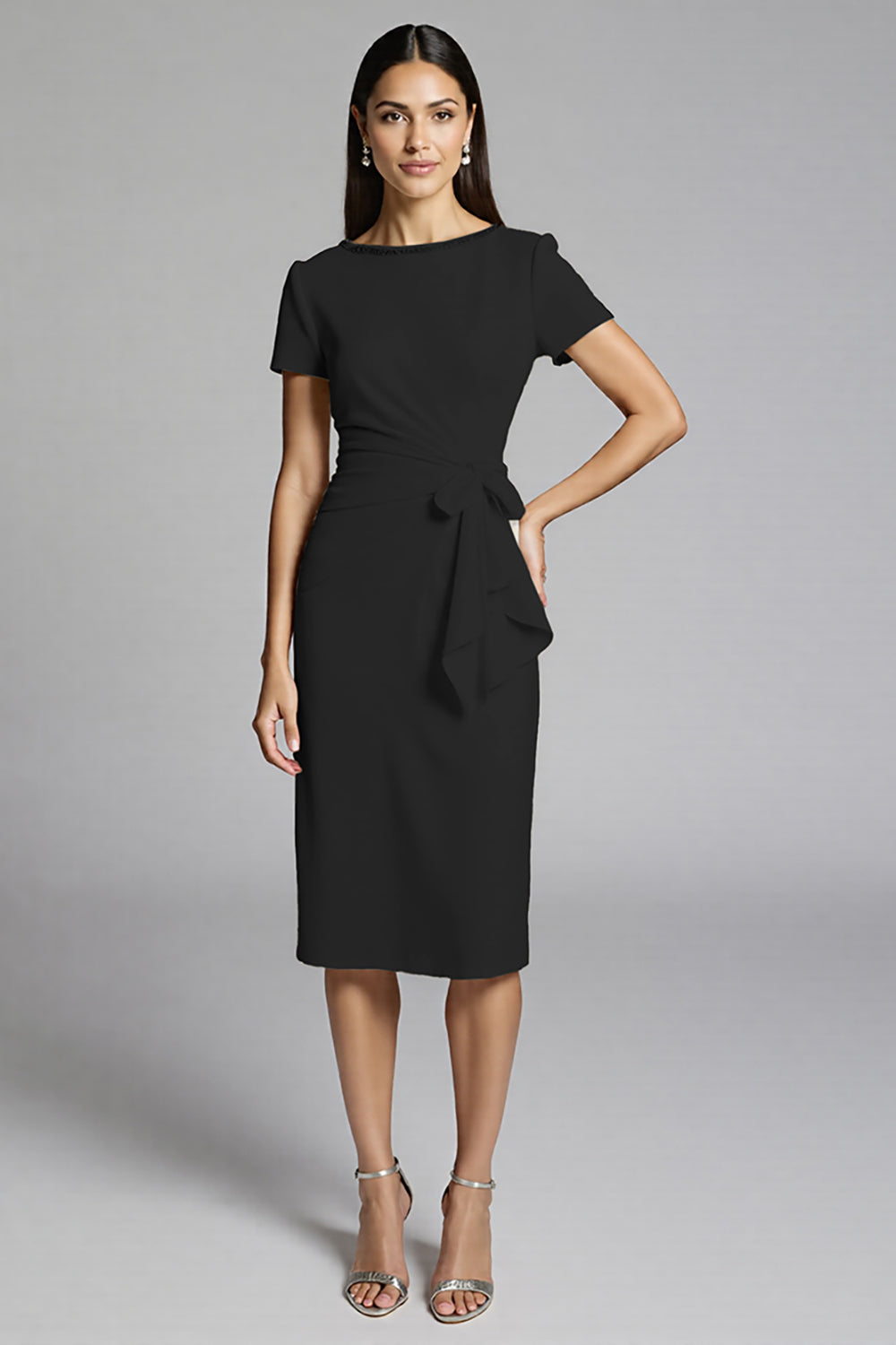 Beige Satin Bodycon Ruffled Midi Work Dress with Sleeves