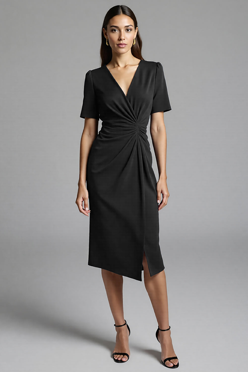 Navy Satin Bodycon Ruched V-Neck Midi Work Dress with Sleeves