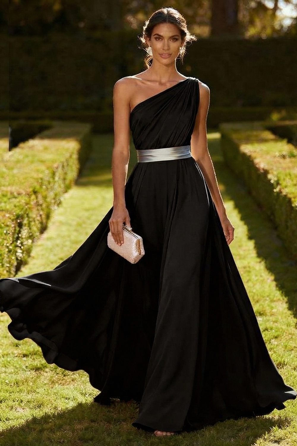 Olive Chiffon One Shoulder Long Ruched Wedding Guest Dress
