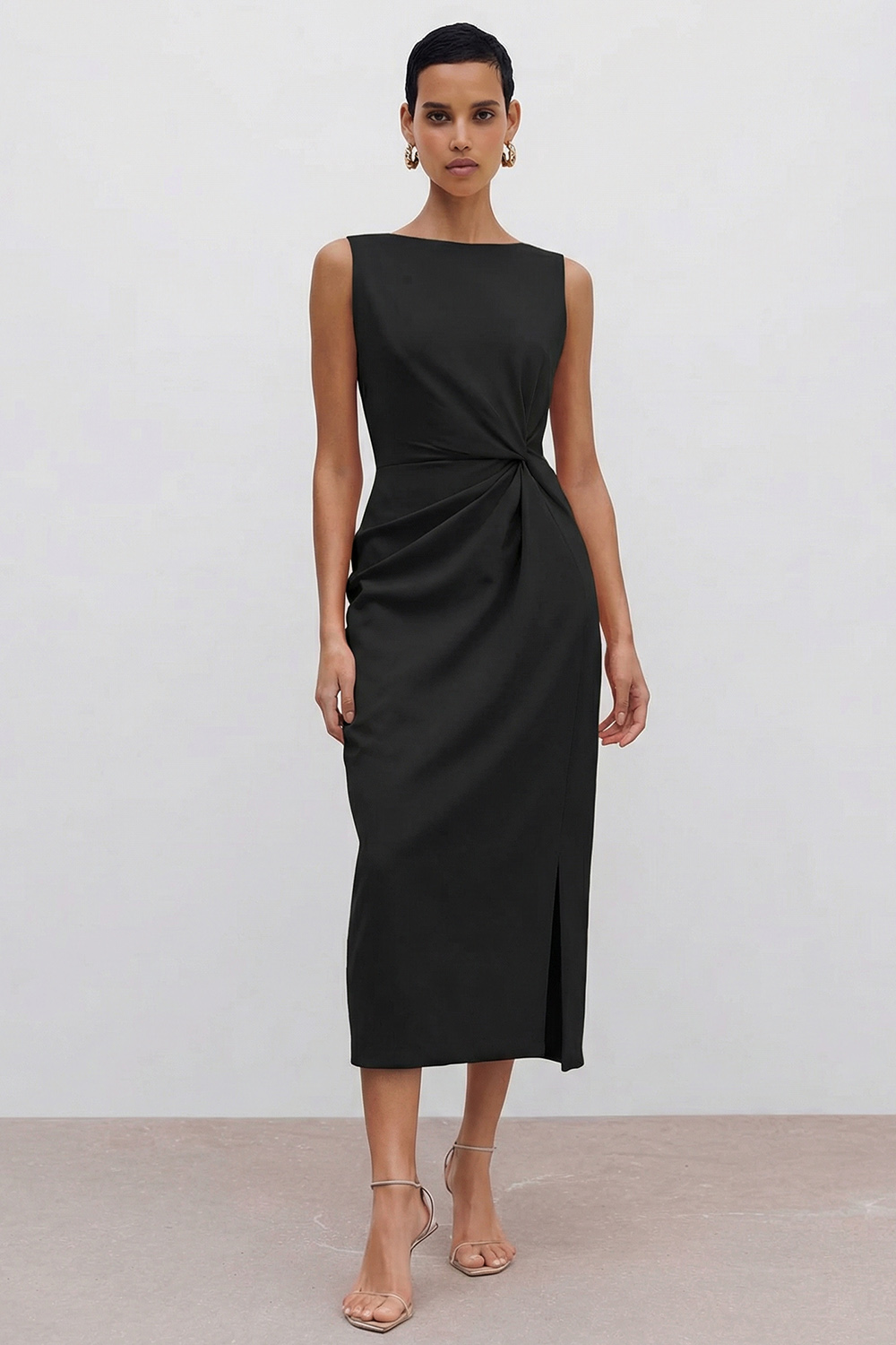 Orange Ruched Bateau Neck Midi Pencil Work Dress with Slit