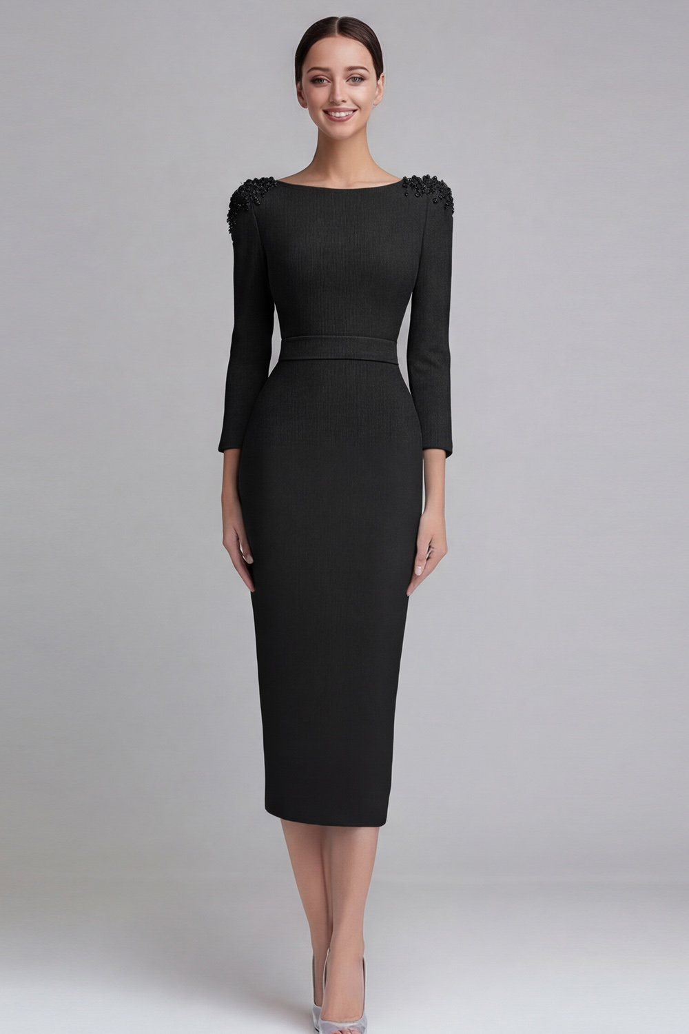 Simple Light Blue Boat Neck Pencil Appliqued Midi Work Dress with Sleeves