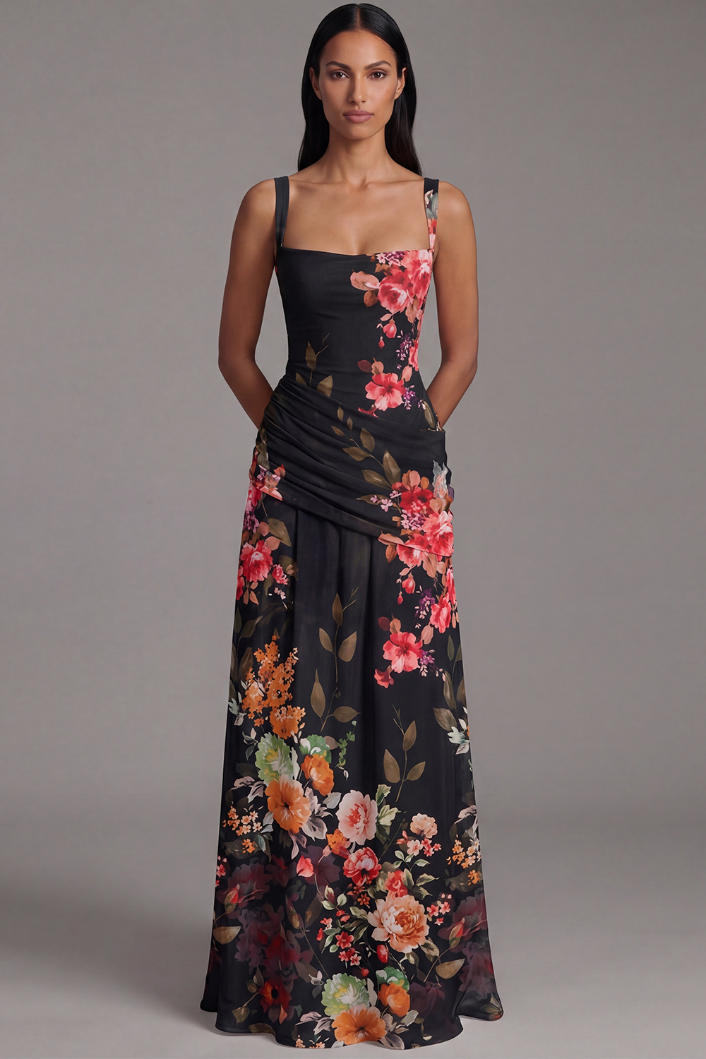 Ivory A Line Draped Floral Square Neck Long Wedding Guest Dress