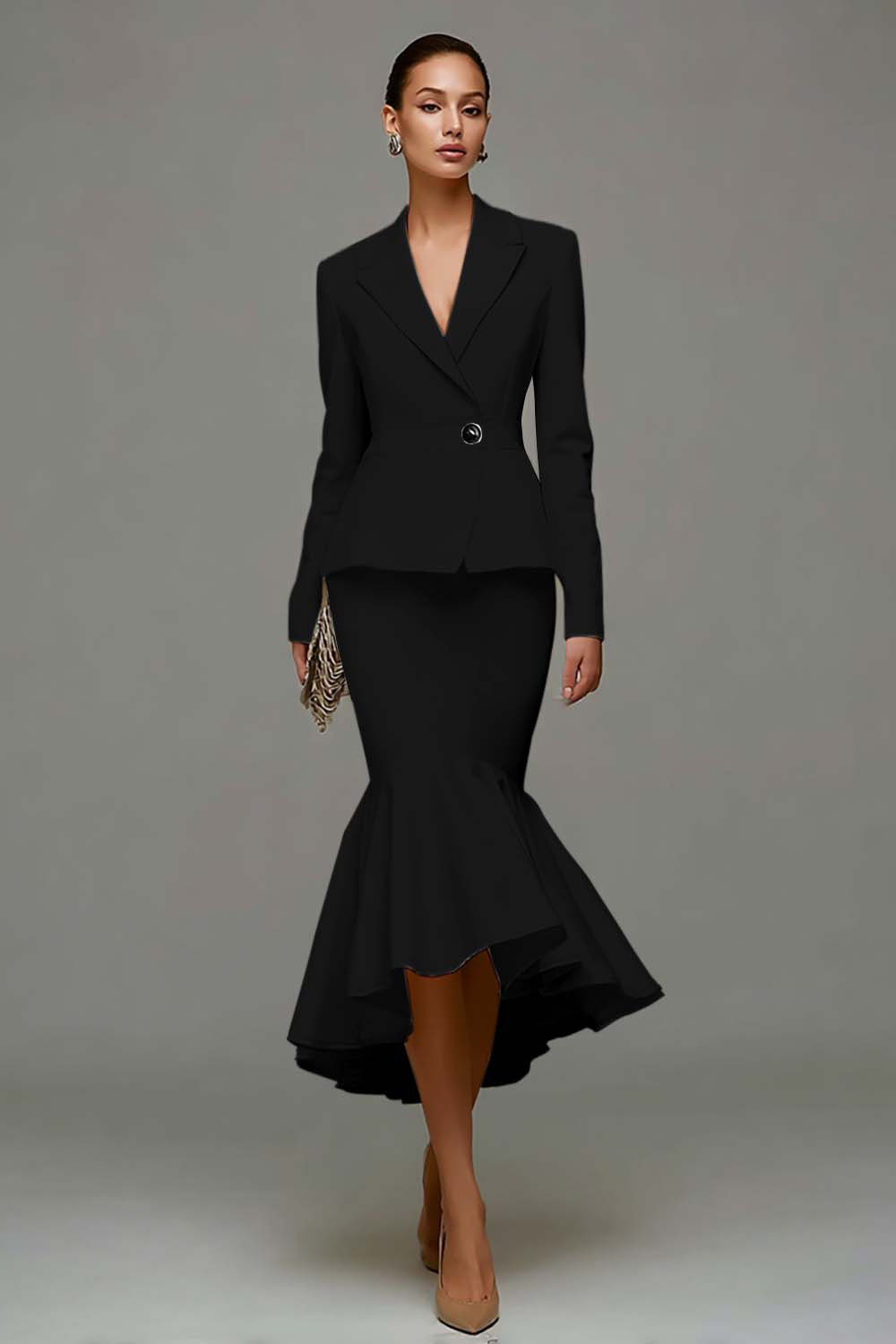 2 Piece Ivory Notched Lapel Satin Midi Business Suits with Ruffles