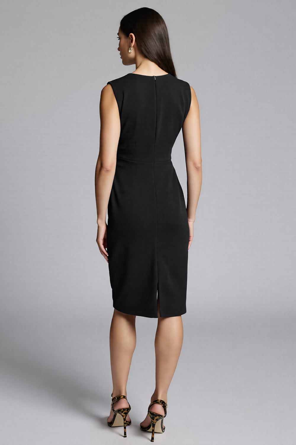 Navy Satin Bodycon V-Neck Ruched Midi Work Dress