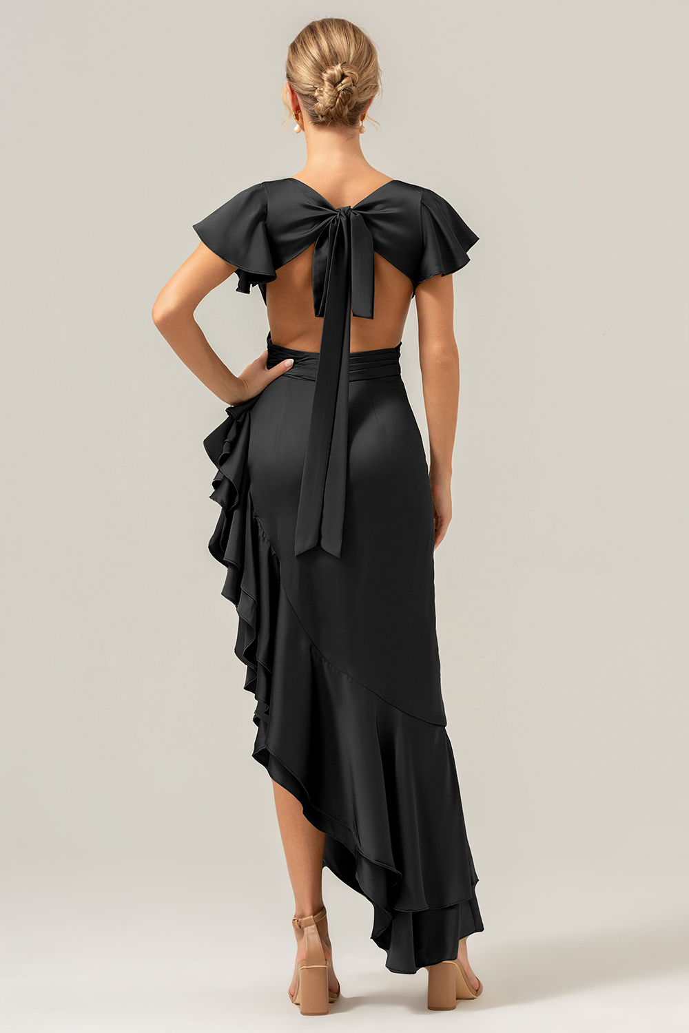 Elegant Asymmetrical Midi Formal Dress with Bow Back