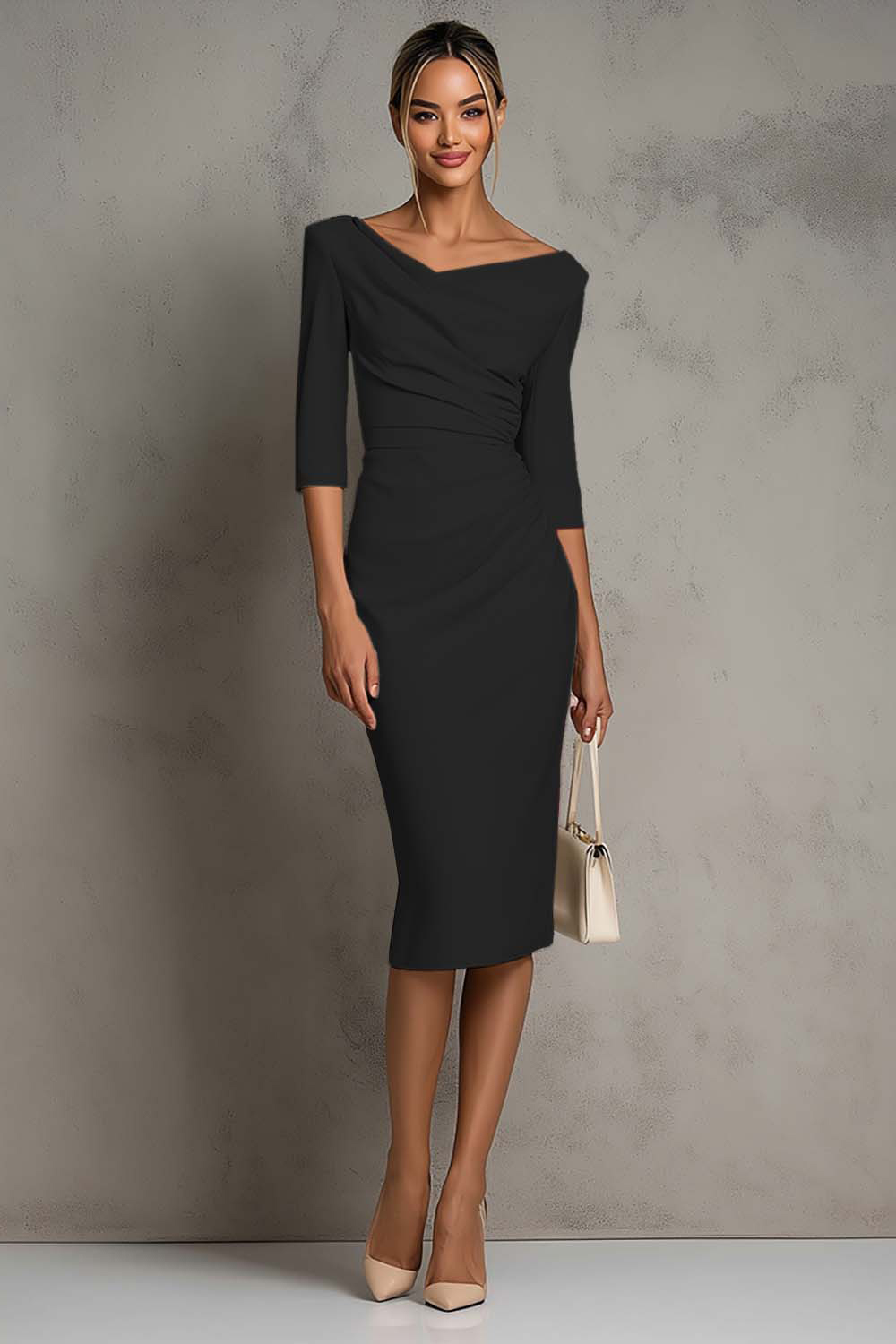 Simple Ivory Ruched Pencil Satin Half Sleeves Midi Work Dress with Slit