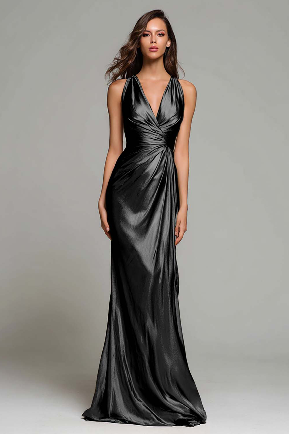 Sparkly Gold Metallic V-Neck Mermaid Ruched Long Evening Dress