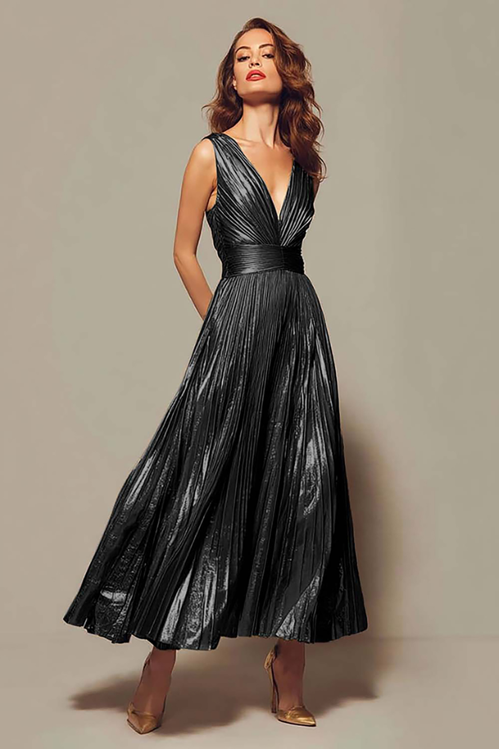 Sparkly Brown Metallic V-Neck Pleated A-Line Long Holiday Party Dress
