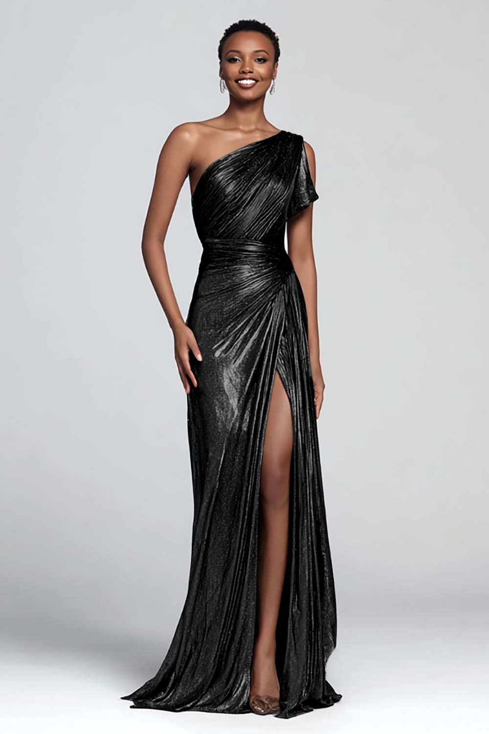 Sparkly Brown Mermaid Metallic Ruched One Shoulder Long Evening Dress with Slit