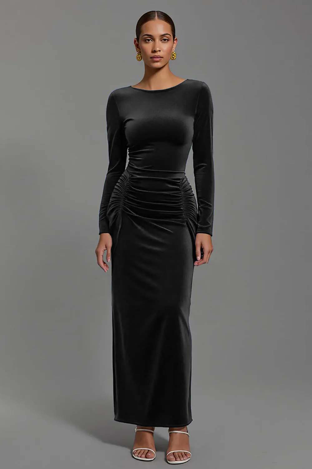 Navy Velvet Sheath Boat Neck Long Holiday Party Dress with Sleeves