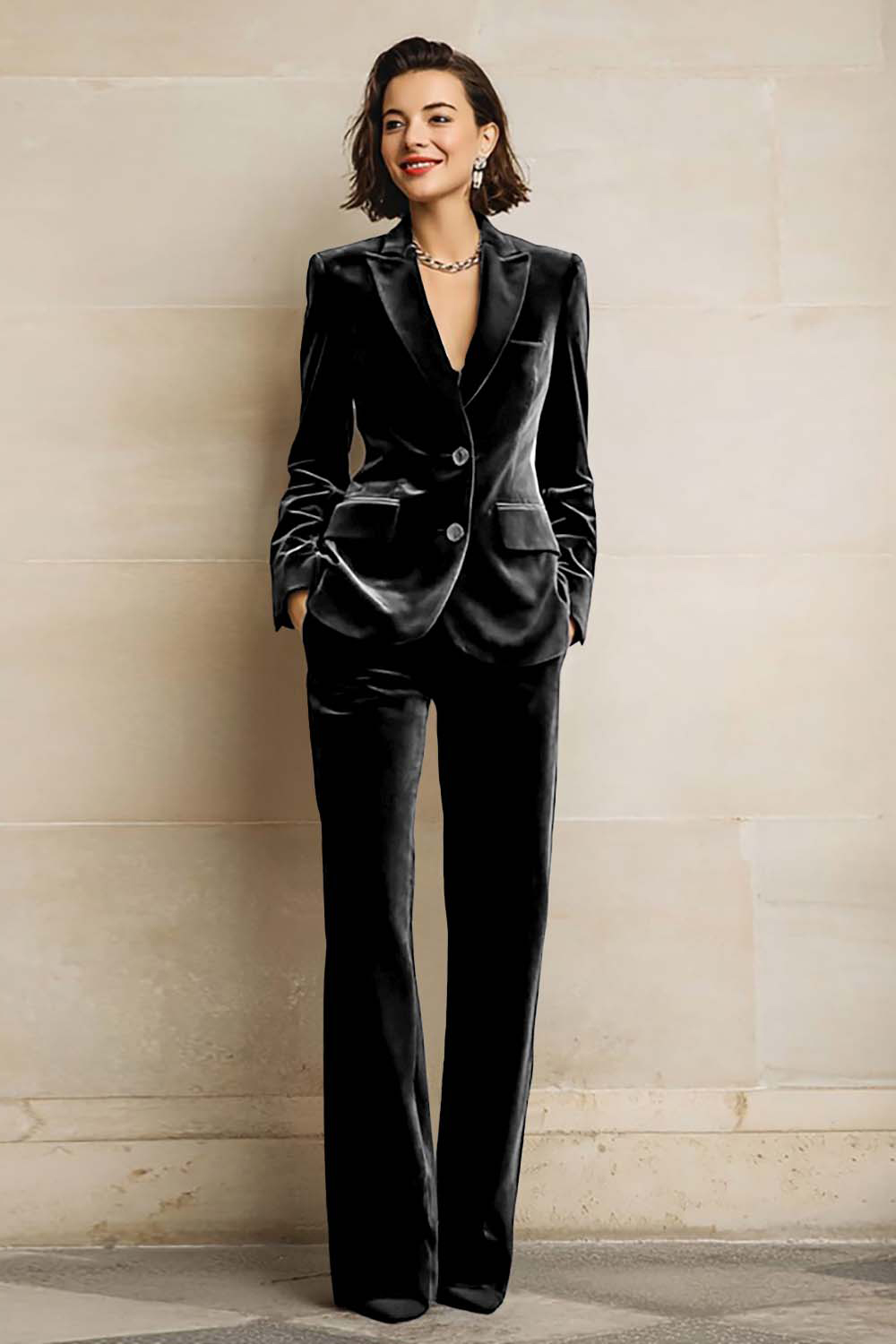 2 Piece Plum Velvet Peak Lapel Business Suits with Pockets