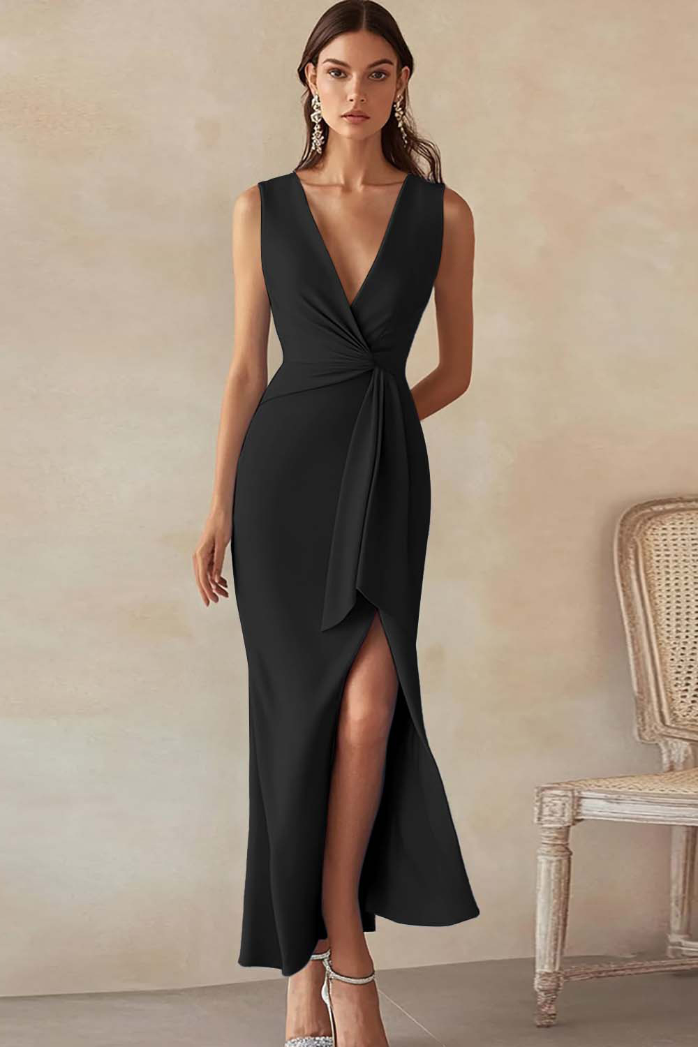 Sky Blue Satin Sheath Deep V-Neck Long Work Dress with Ruffles