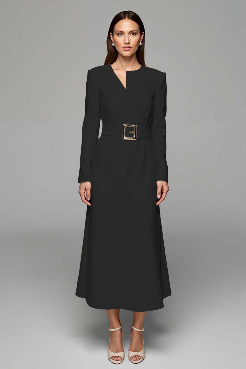 Ivory Asymmetrical Neck Long Sleeves Work Dress with Belt