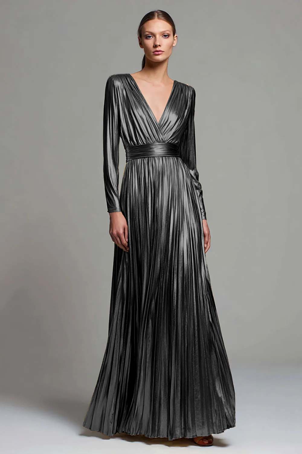 Metallic Gold Pleated V-Neck A-Line Long Sleeve Holiday Party Dress