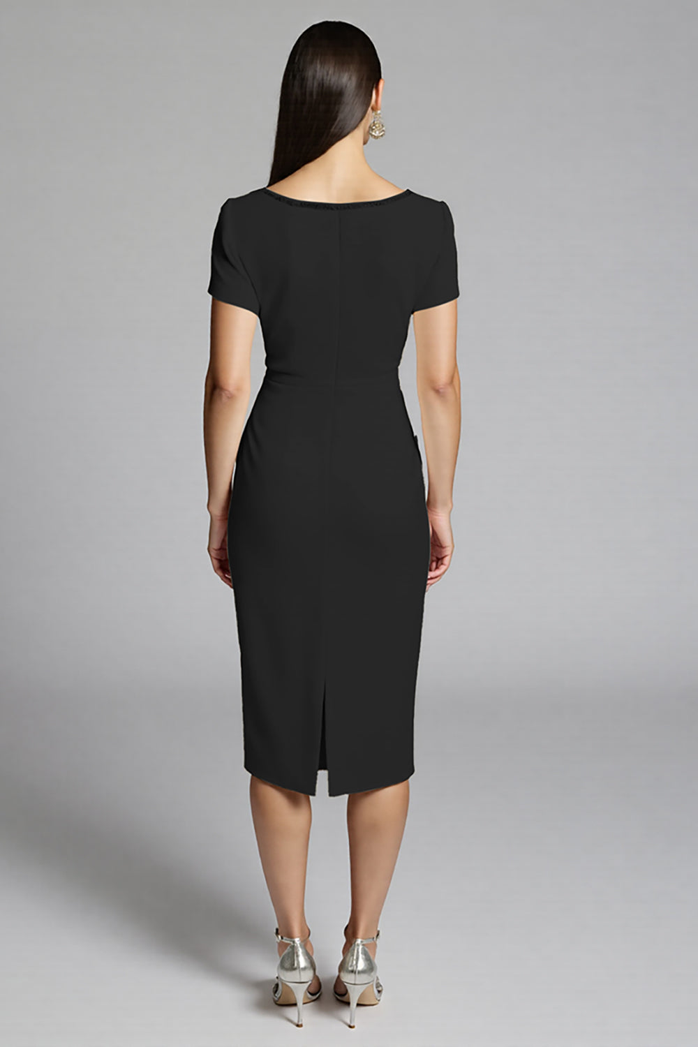 Beige Satin Bodycon Ruffled Midi Work Dress with Sleeves