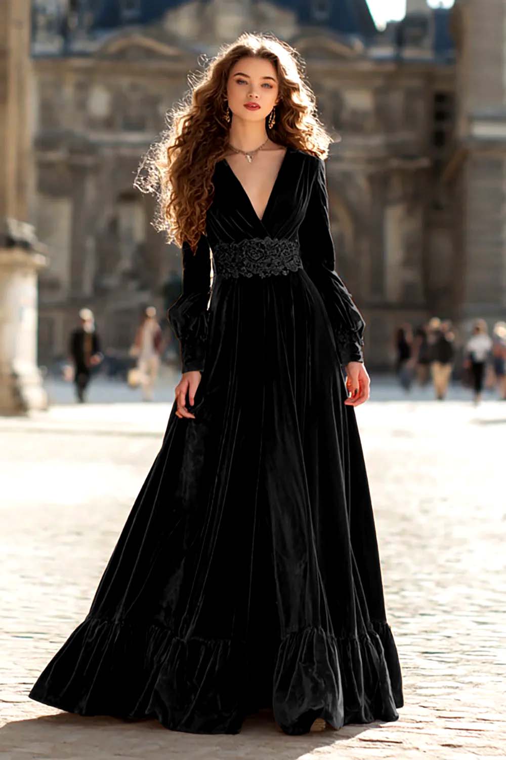 Brown Velvet A Line Long Sleeves Holiday Party Dress with Ruffles