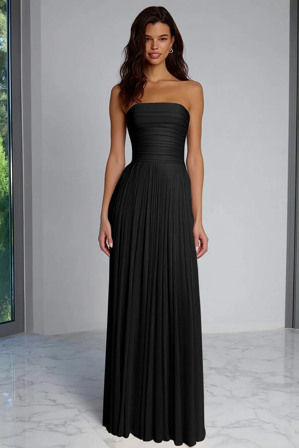 Champagne Sheath Strapless Pleated Long Wedding Guest Dress