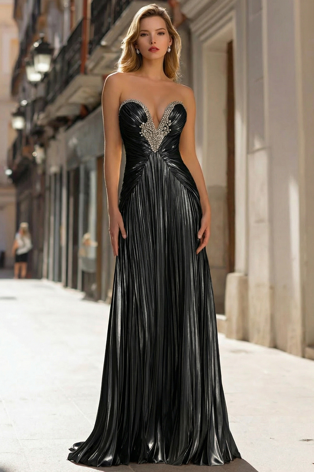 Sparkly Gold Pleated Strapless Metallic Long Prom Dress