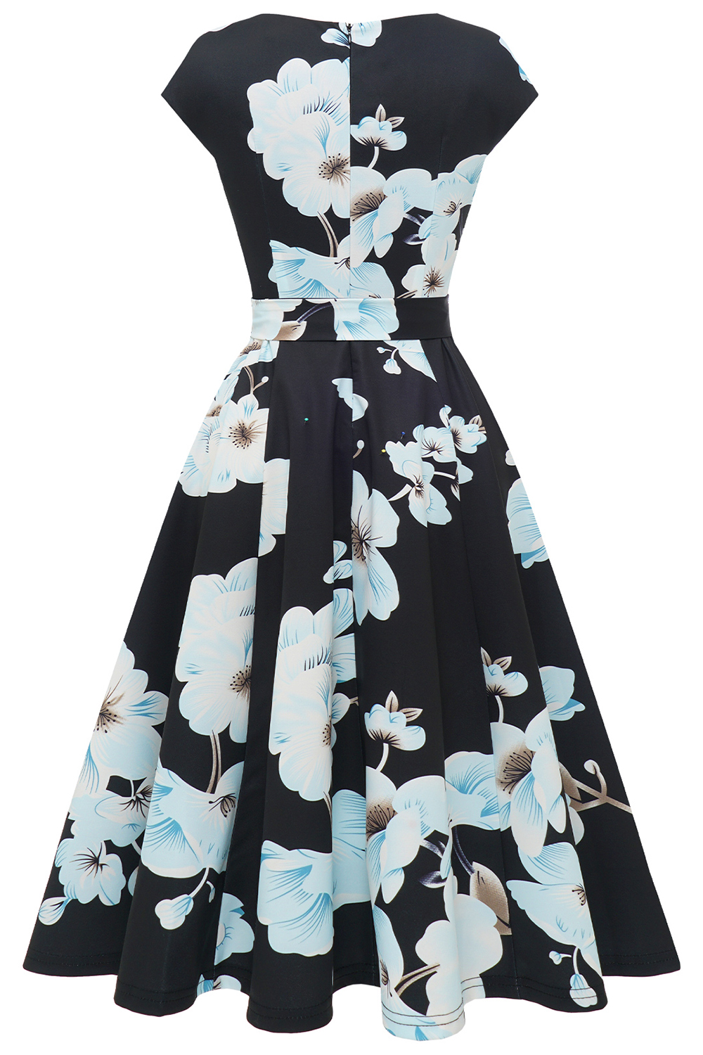 Black Blue White Flower 2024 Women's Floral Cocktail, Tea Length Wedding Guest Dresses - Vintage, Graduation, Prom & Bridesmaid with Cap Sleeves