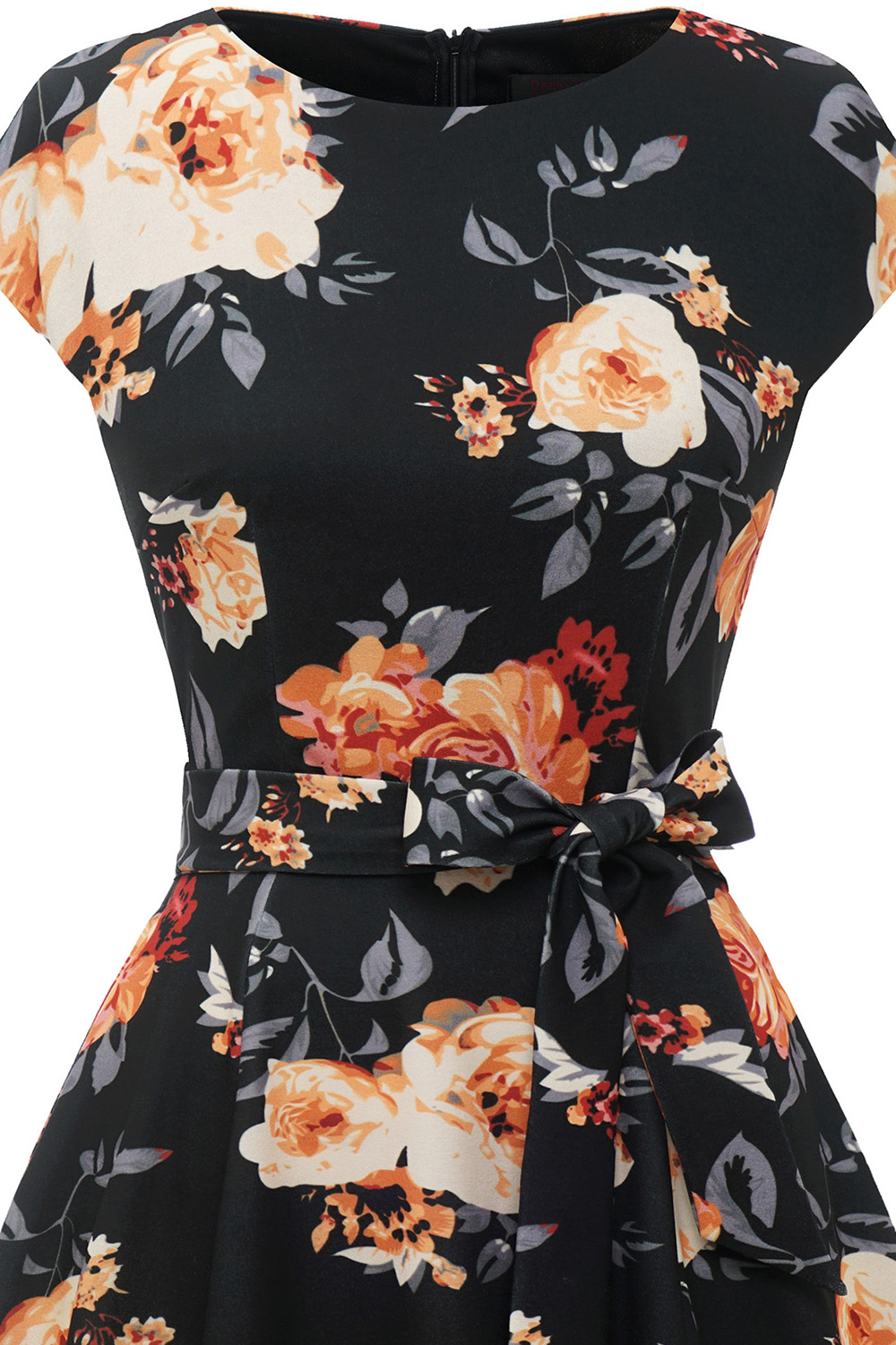 Black Yellow Flower 2024 Women's Floral Cocktail, Tea Length Wedding Guest Dresses - Vintage, Graduation, Prom & Bridesmaid with Cap Sleeves