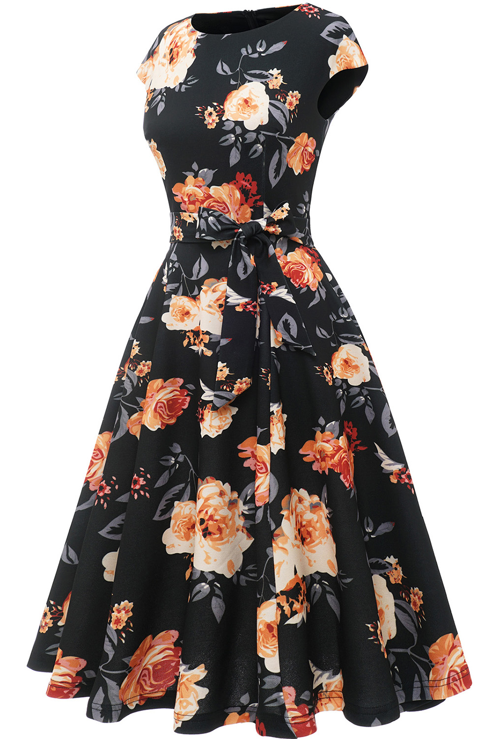 Black Yellow Flower 2024 Women's Floral Cocktail, Tea Length Wedding Guest Dresses - Vintage, Graduation, Prom & Bridesmaid with Cap Sleeves