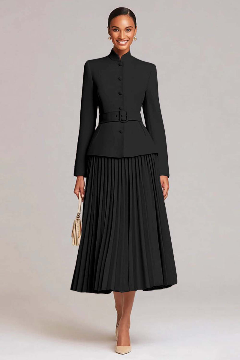 2 Piece Light Pink Pleated High Neck Business Suits with Belt