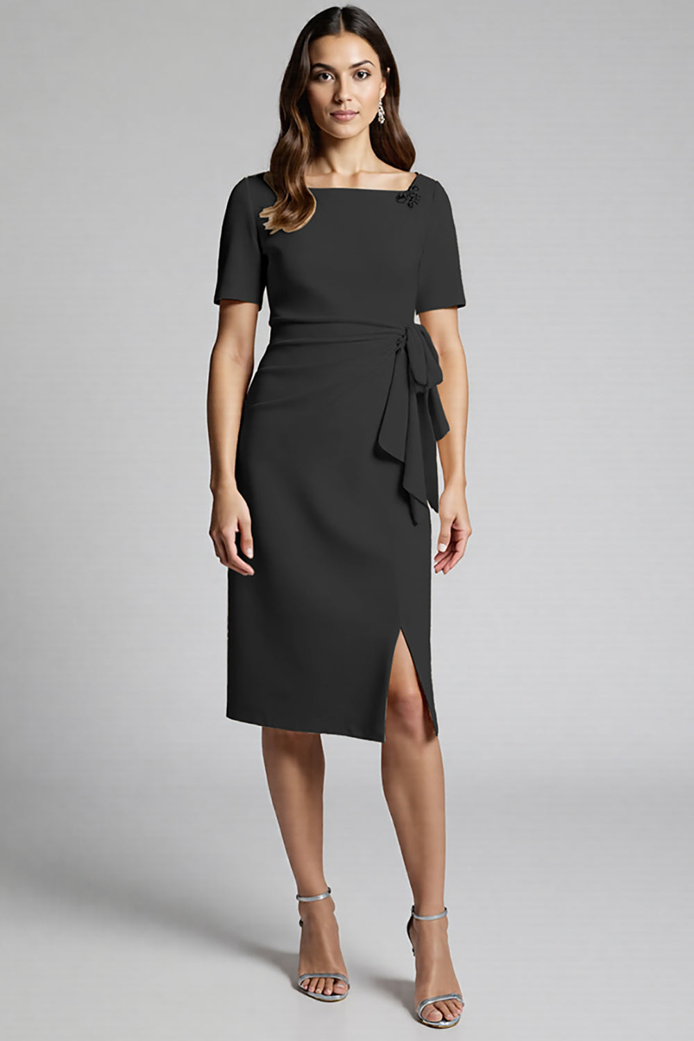 Champagne Bodycon Satin Midi Ruffled Work Dress with Slit