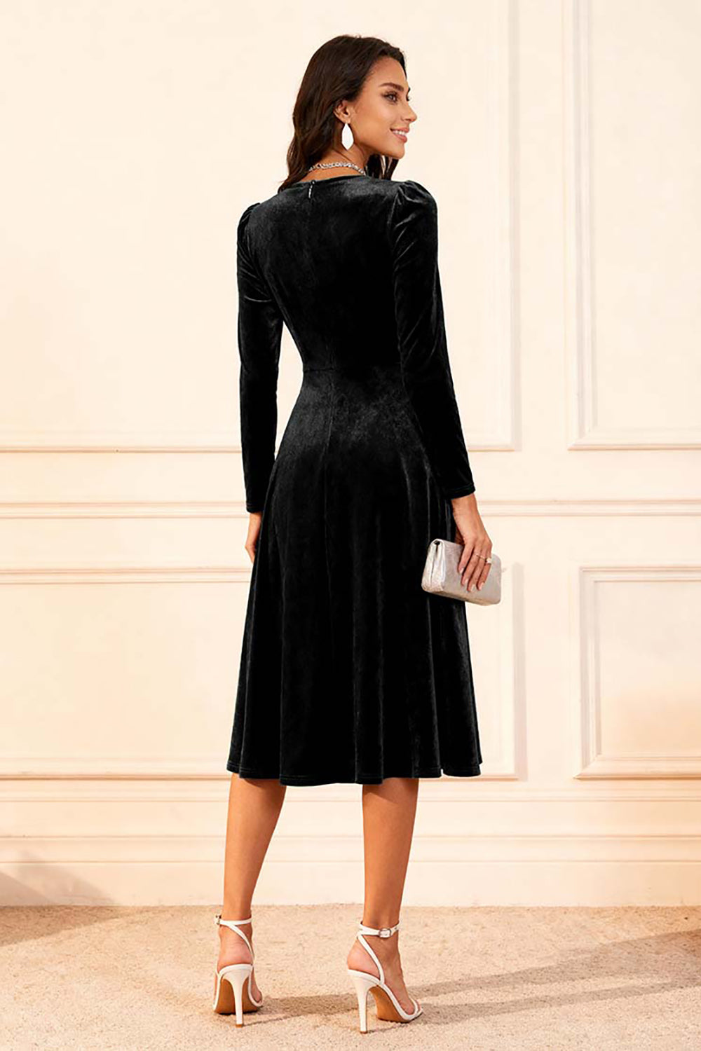 Burgundy A Line Velvet Midi Glitter Holiday Party Dress with Sleeves