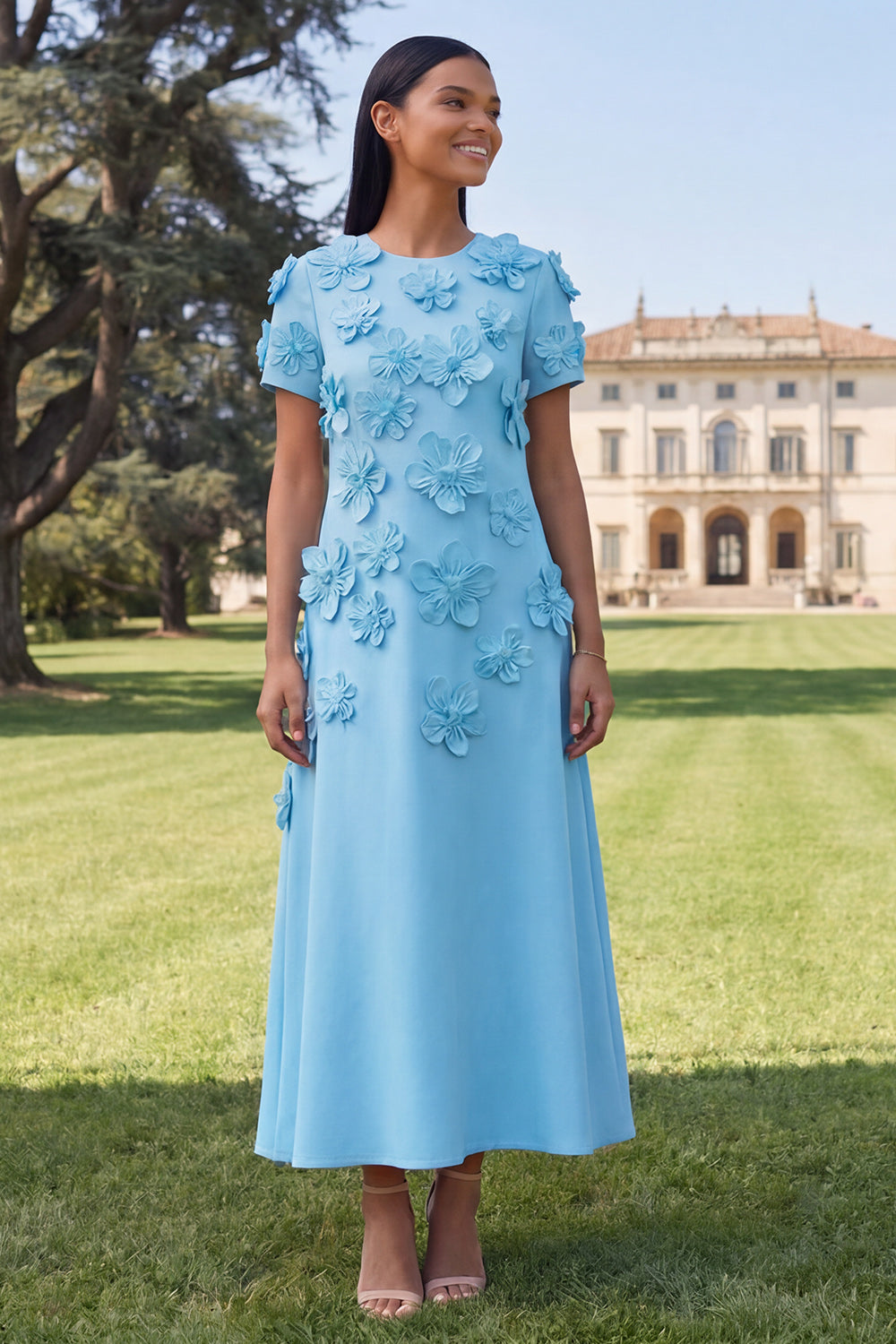 Blue Floral A Line Round Neck Maxi Wedding Guest Dress with Sleeves