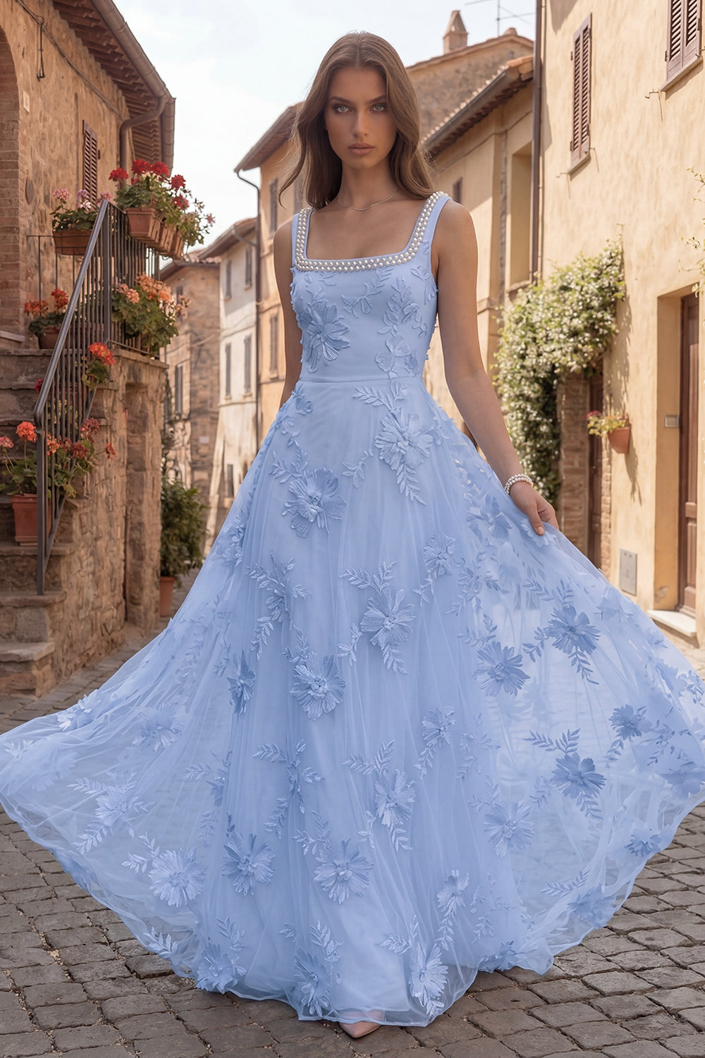 Yellow Floral A Line Square Neck Long Evening Dress with Pearls