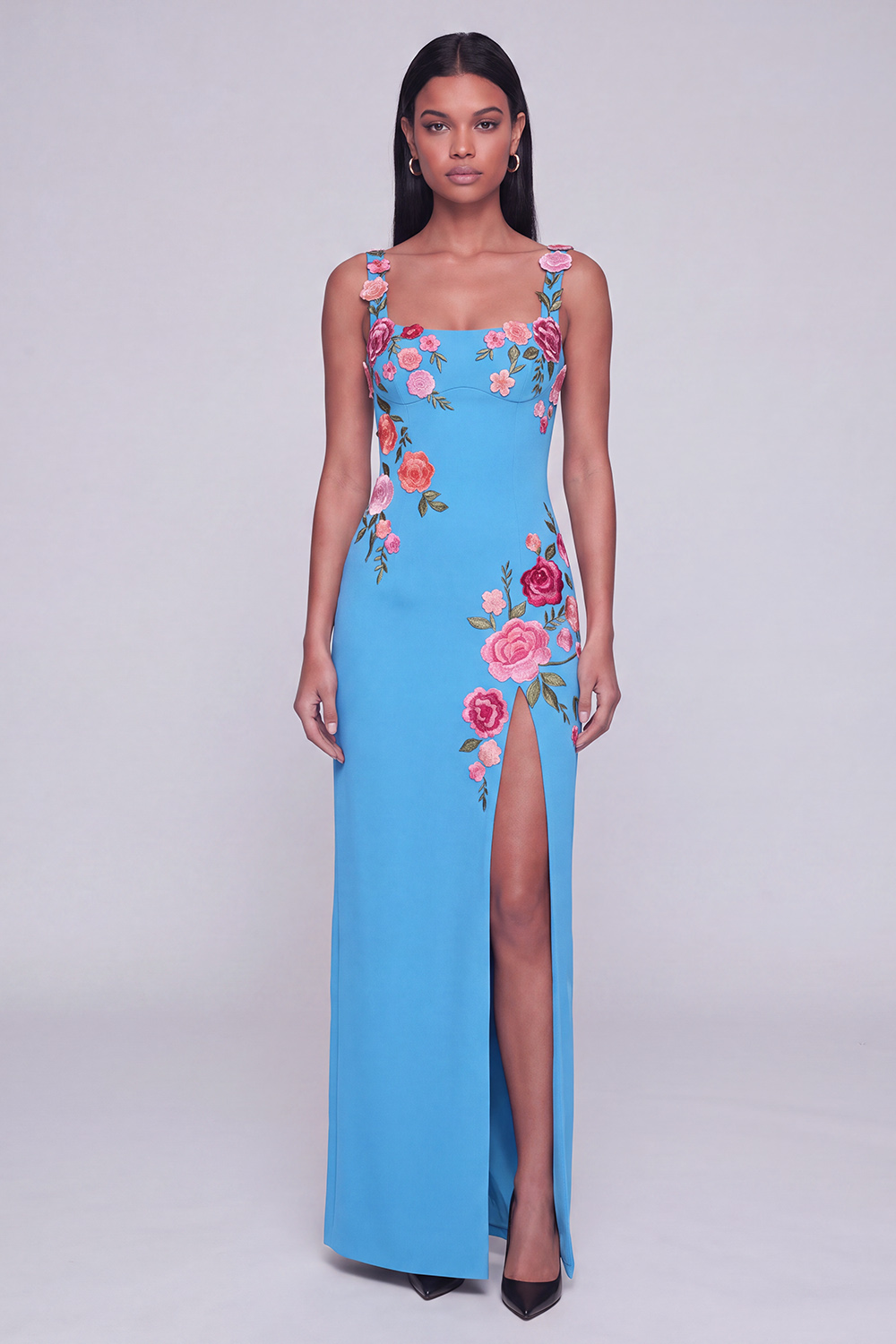 Sheath Black Square Neck Floral Maxi Beach Wedding Guest Dress with Slit