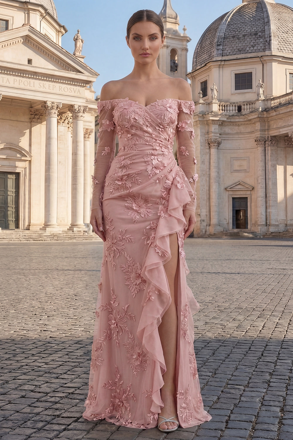 Yellow Sheath Floral Long Sleeves Evening Dress with Ruffled Slit