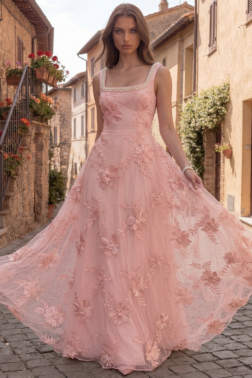 Yellow Floral A Line Square Neck Long Evening Dress with Pearls