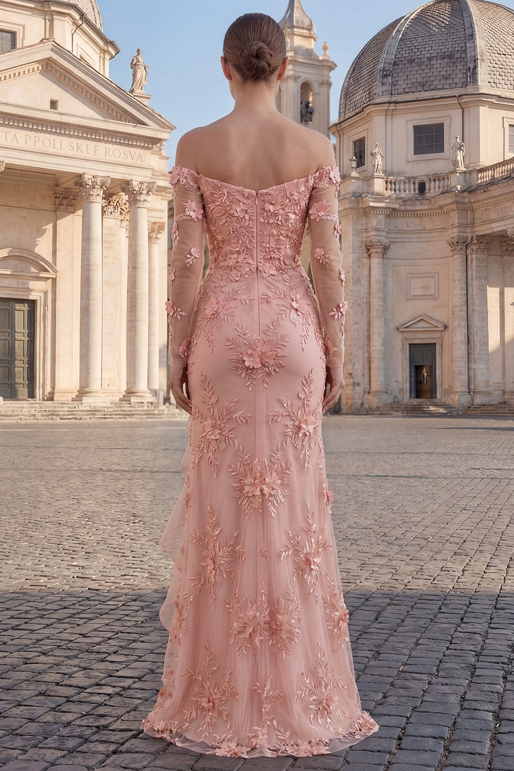 Yellow Sheath Floral Long Sleeves Evening Dress with Ruffled Slit