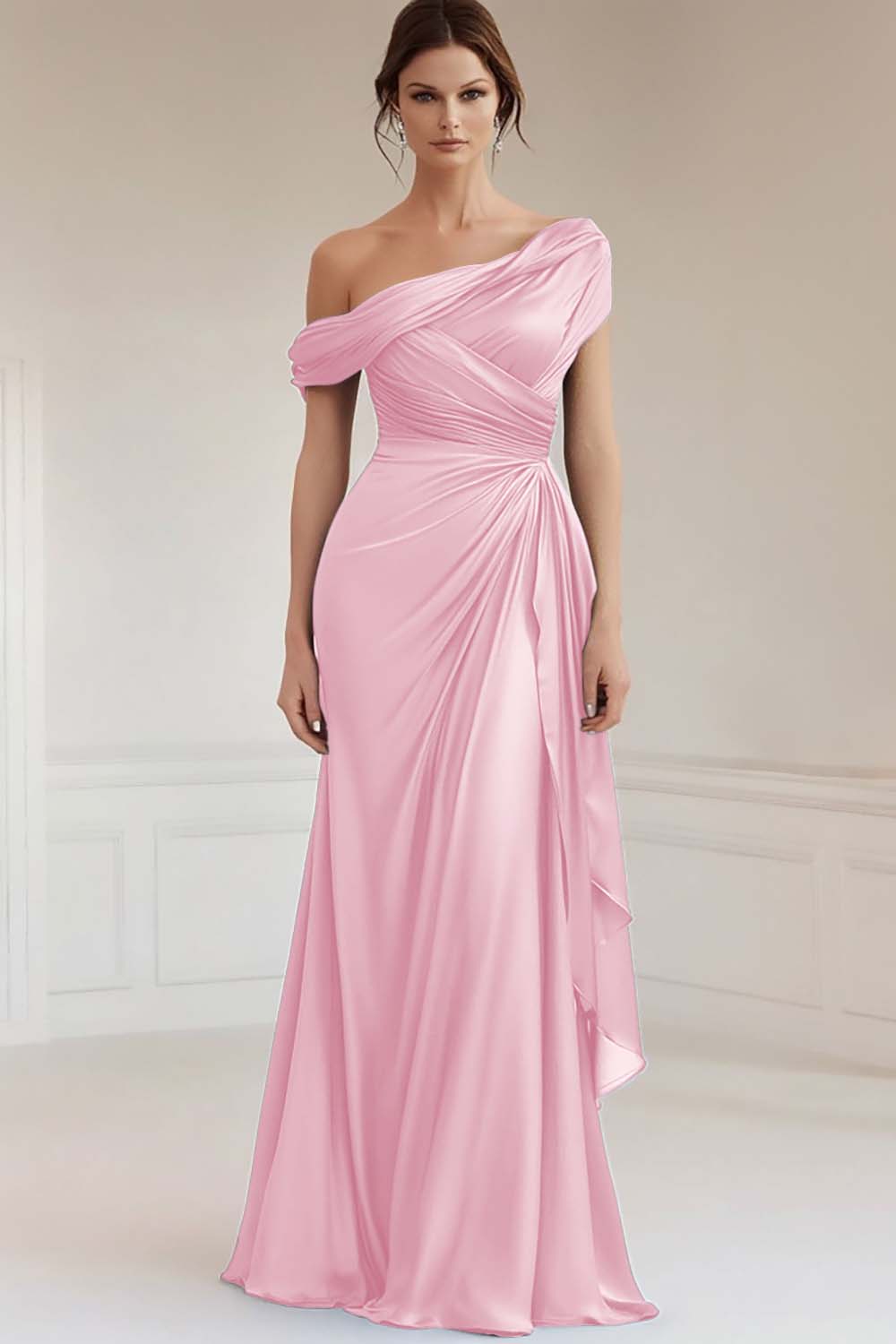 Grey Blue Satin Sheath Asymmetrical Ruched Long Mother of the Bride Dress