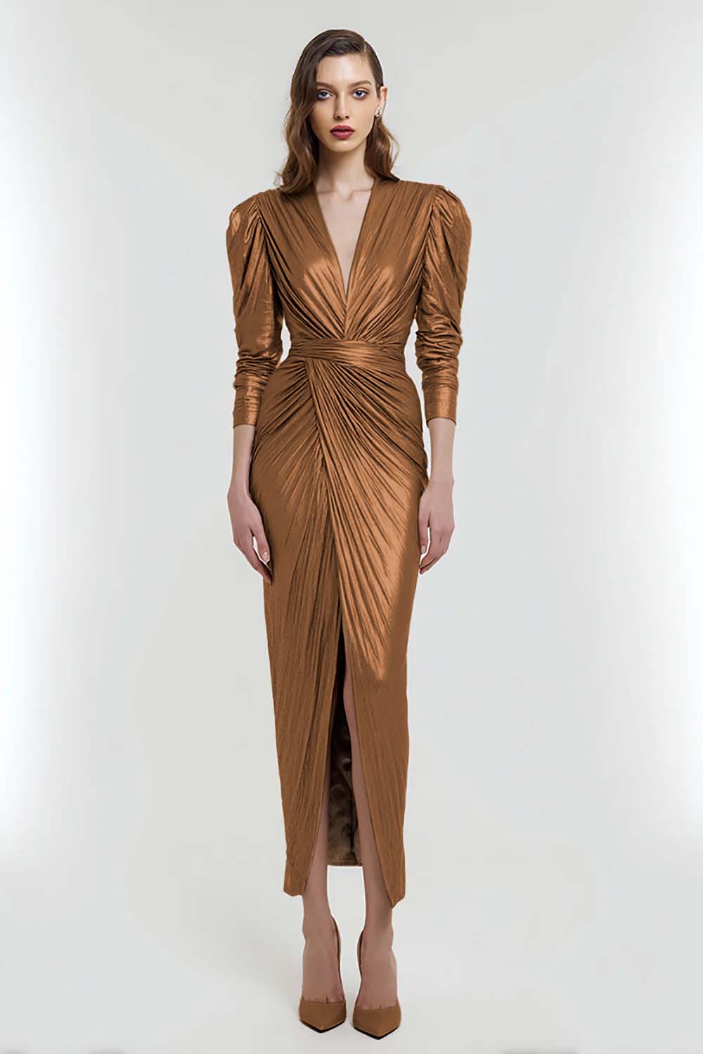 Light Gold V-Neck Sheath Metallic Long Evening Dress with Sleeves