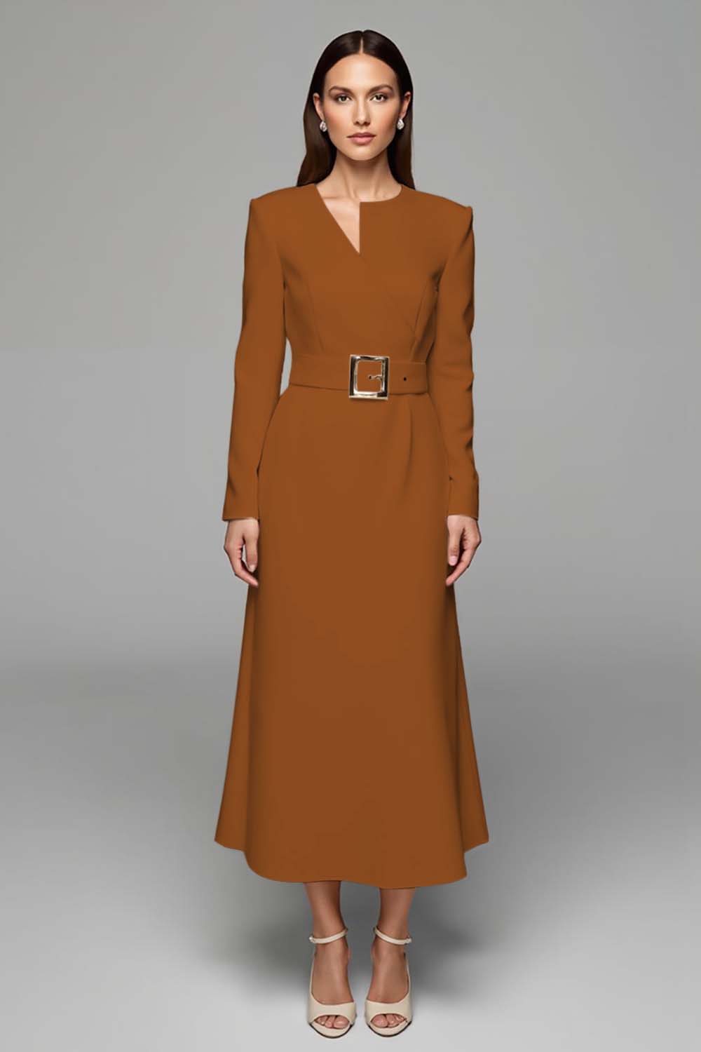 Ivory Asymmetrical Neck Long Sleeves Work Dress with Belt