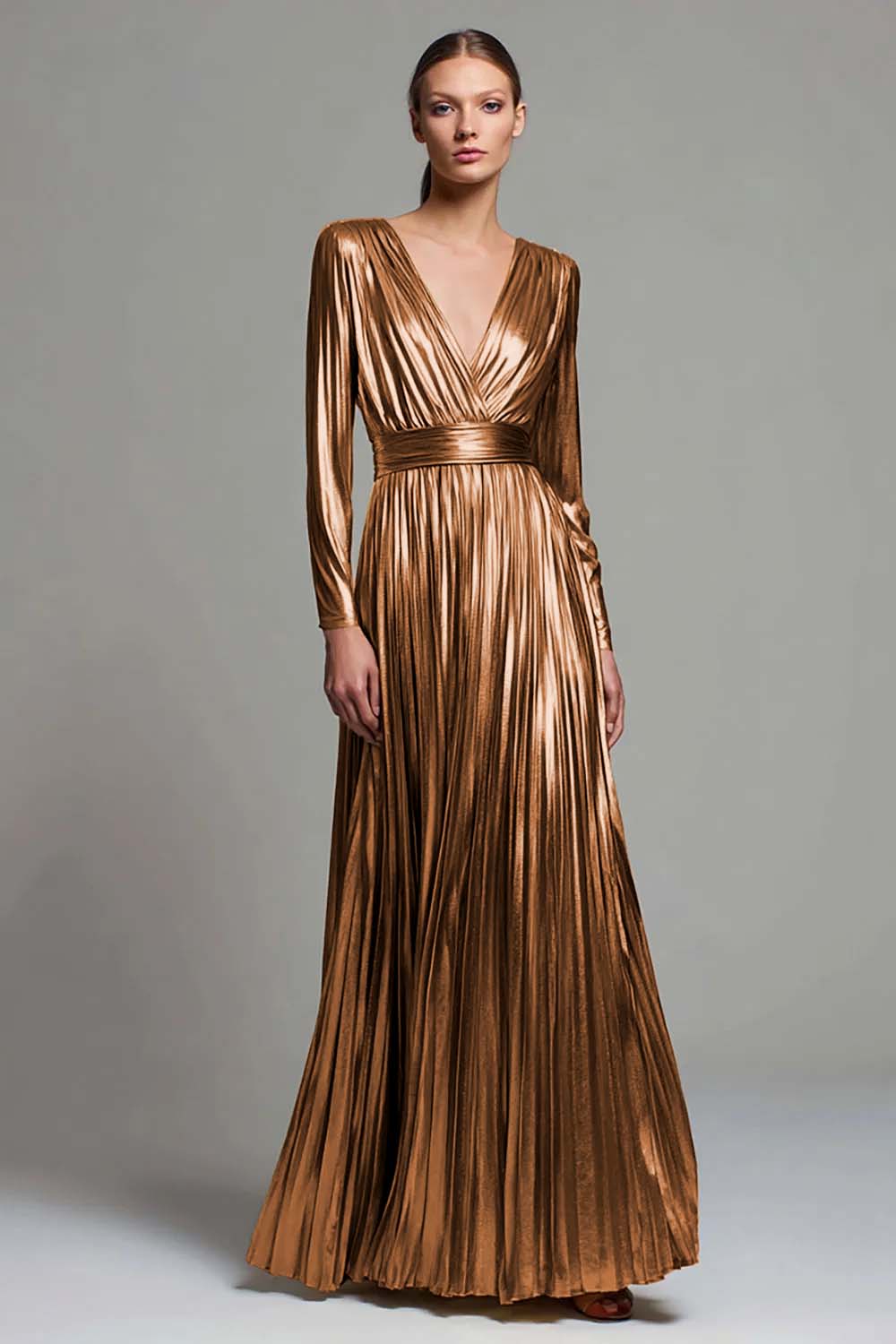 Metallic Gold Pleated V-Neck A-Line Long Sleeve Holiday Party Dress