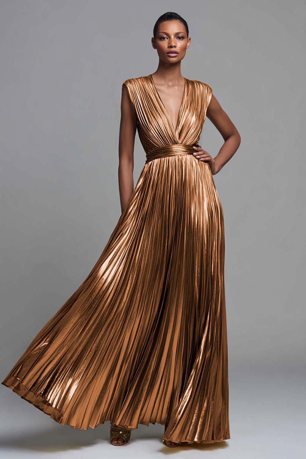 Metallic Black Deep V-Neck Pleated A Line Long Holiday Party Dress
