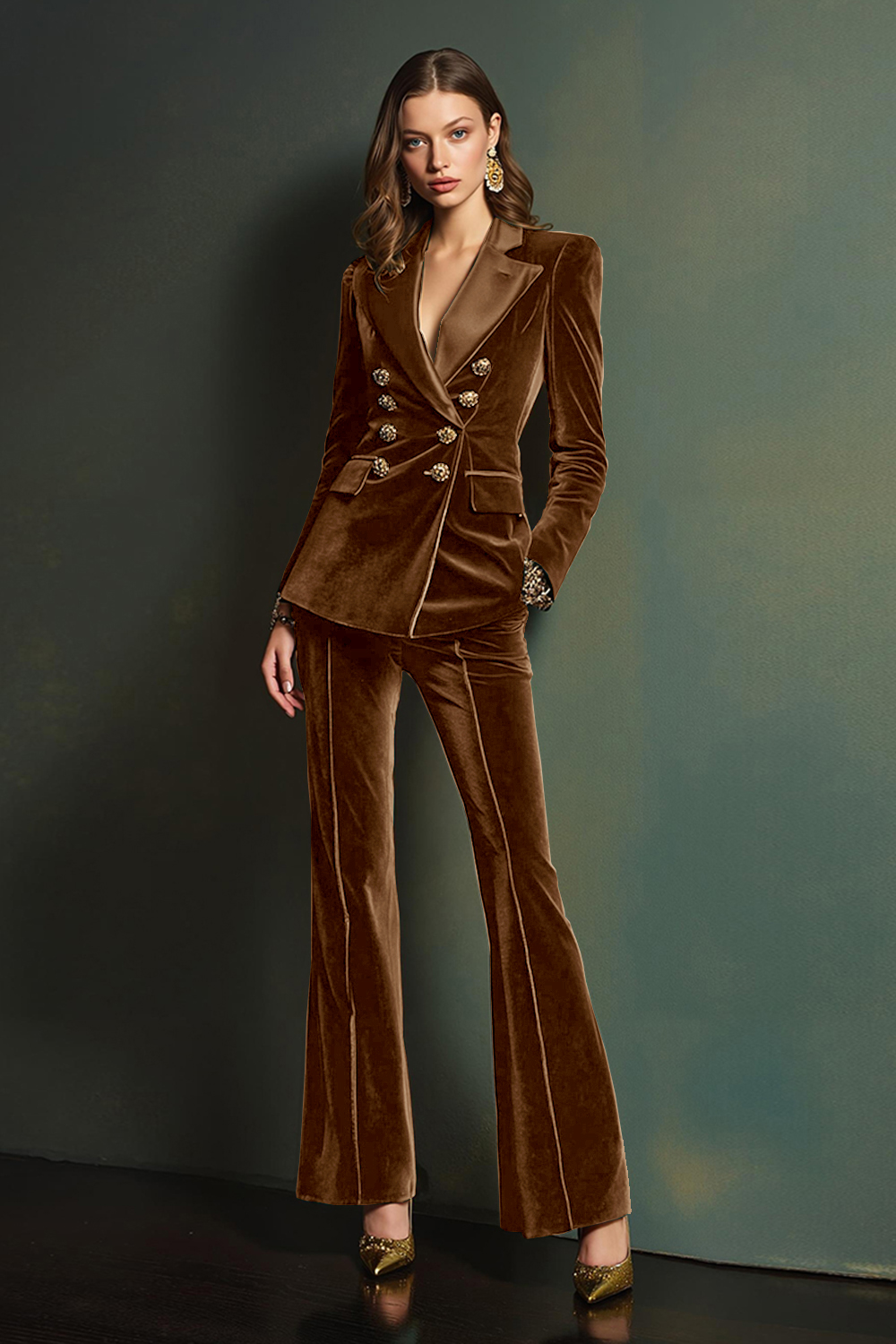 2 Piece Dark Green Velvet Double Breasted Long Sleeves Business Suits