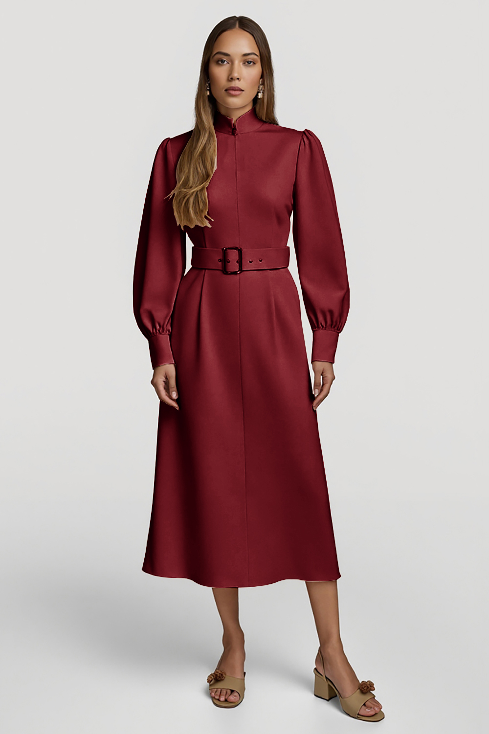 Grey Pink Pencil High Neck Midi Satin Work Dress with Belts