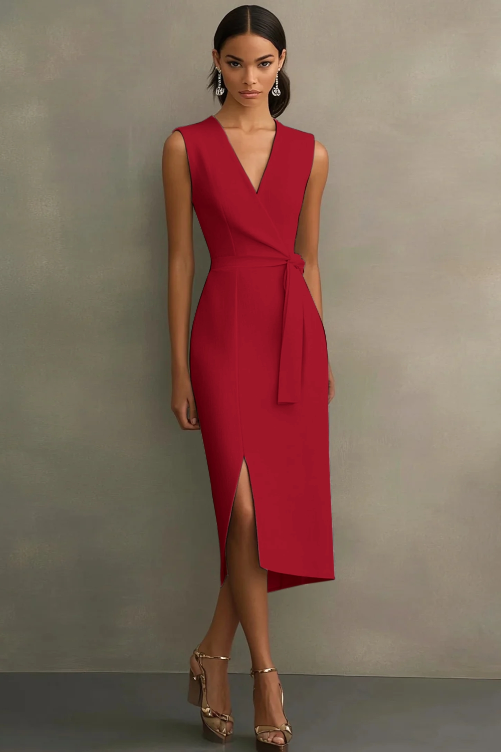 White Bodycon Satin V-Neck Mid-Calf Semi Formal Dress with Slit