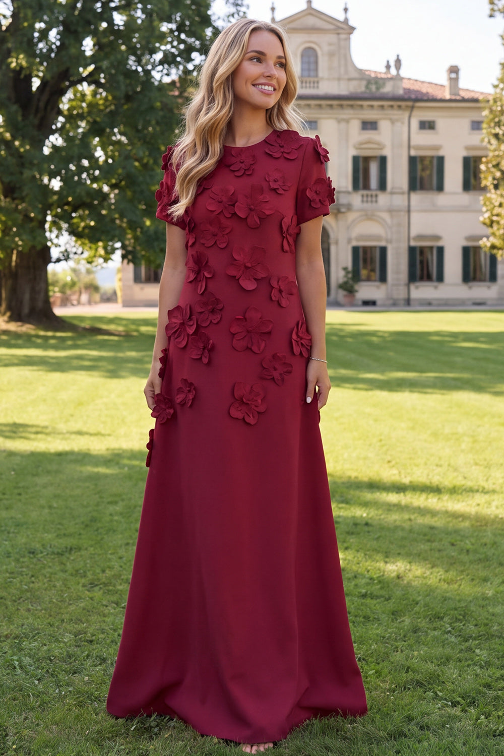 Hot Pink Round Neck Floral A Line Long Wedding Guest Dress with Sleeves