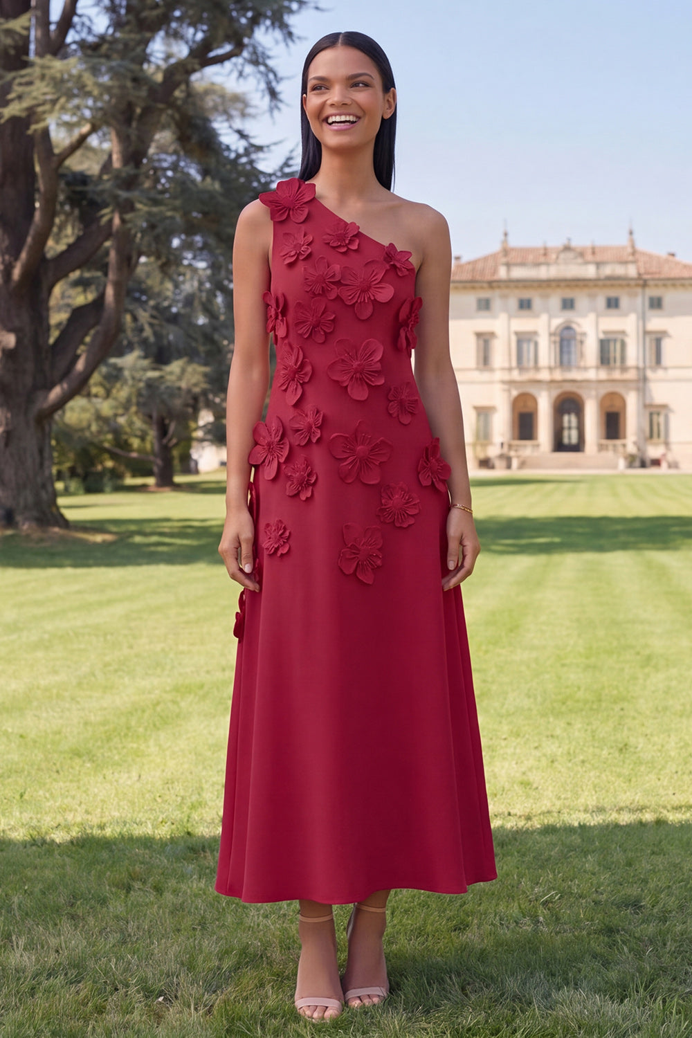 Sage Green One Shoulder A Line Maxi Wedding Guest Dress with 3D Flowers