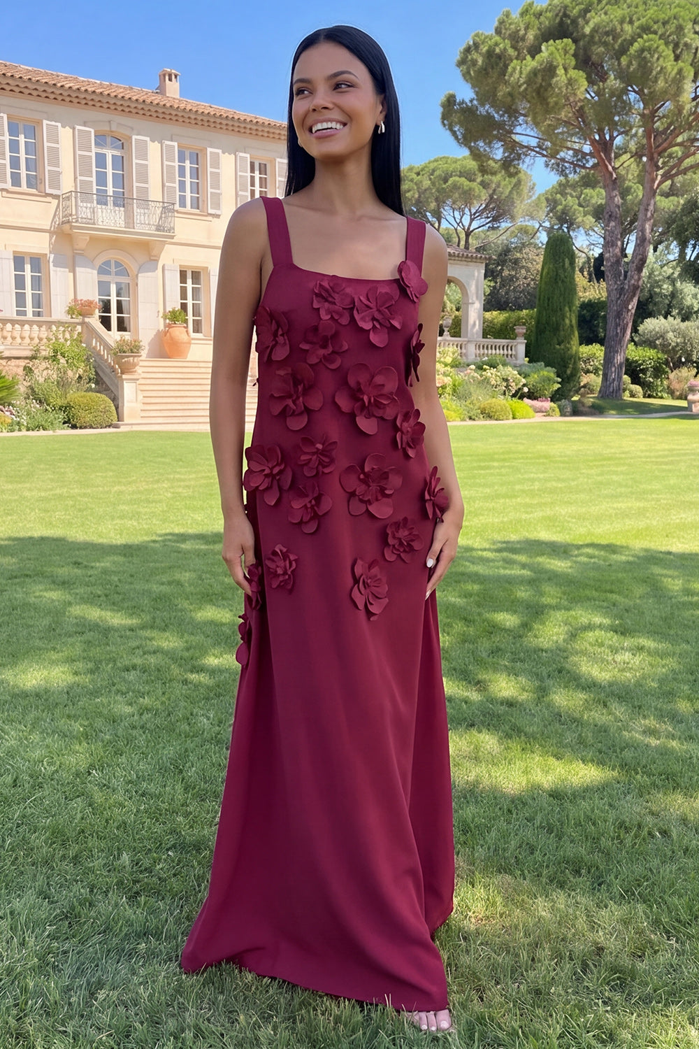 Dark Green Floral A Line Square Neck Maxi Wedding Guest Dress