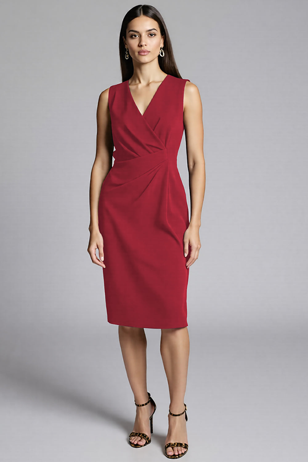 Navy Satin Bodycon V-Neck Ruched Midi Work Dress