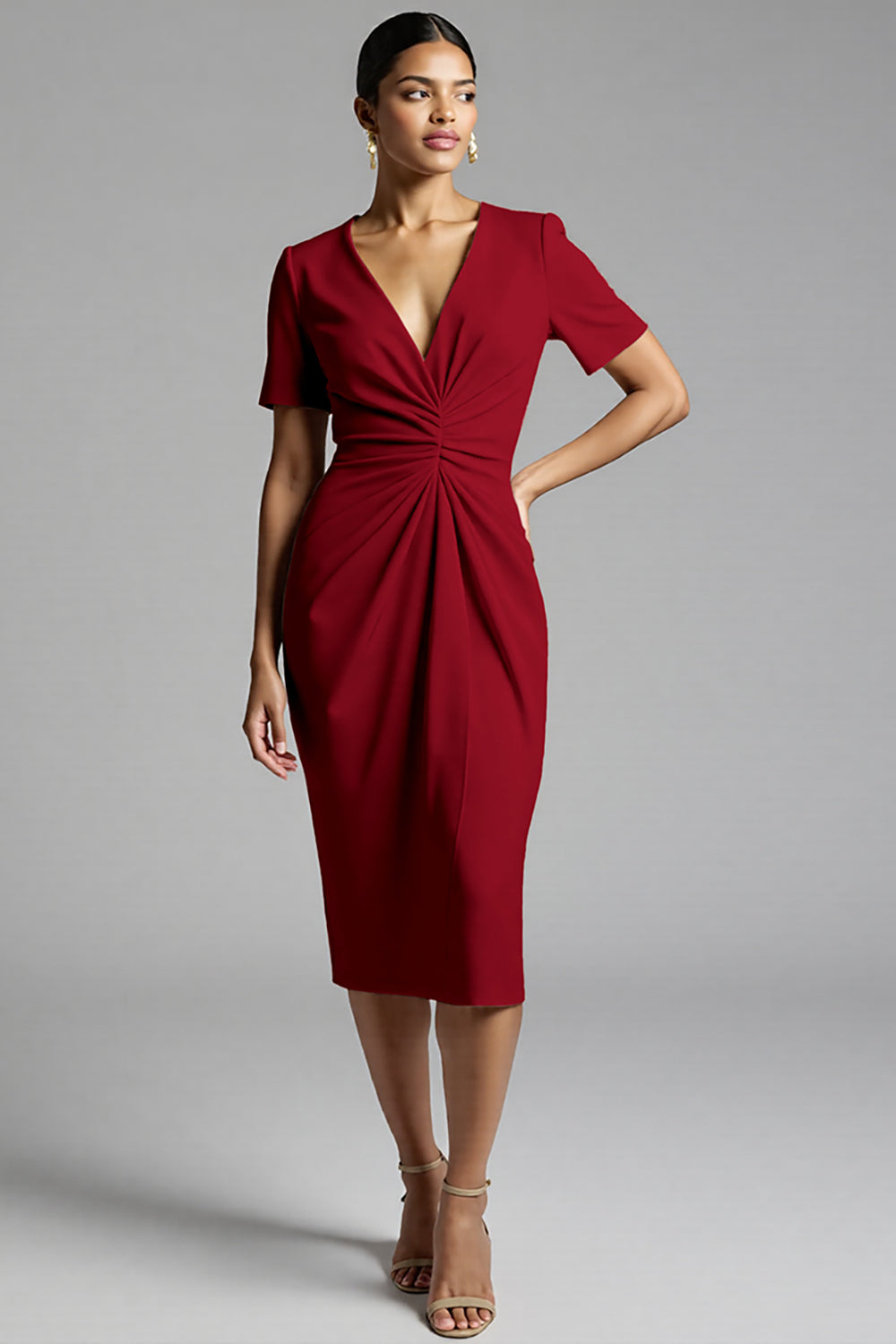 Champagne Satin V-Neck Bodycon Midi Work Dress with Sleeves