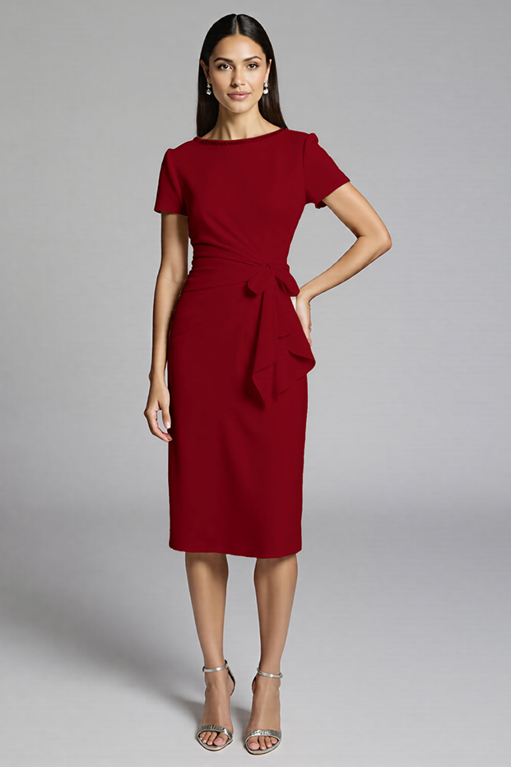 Beige Satin Bodycon Ruffled Midi Work Dress with Sleeves