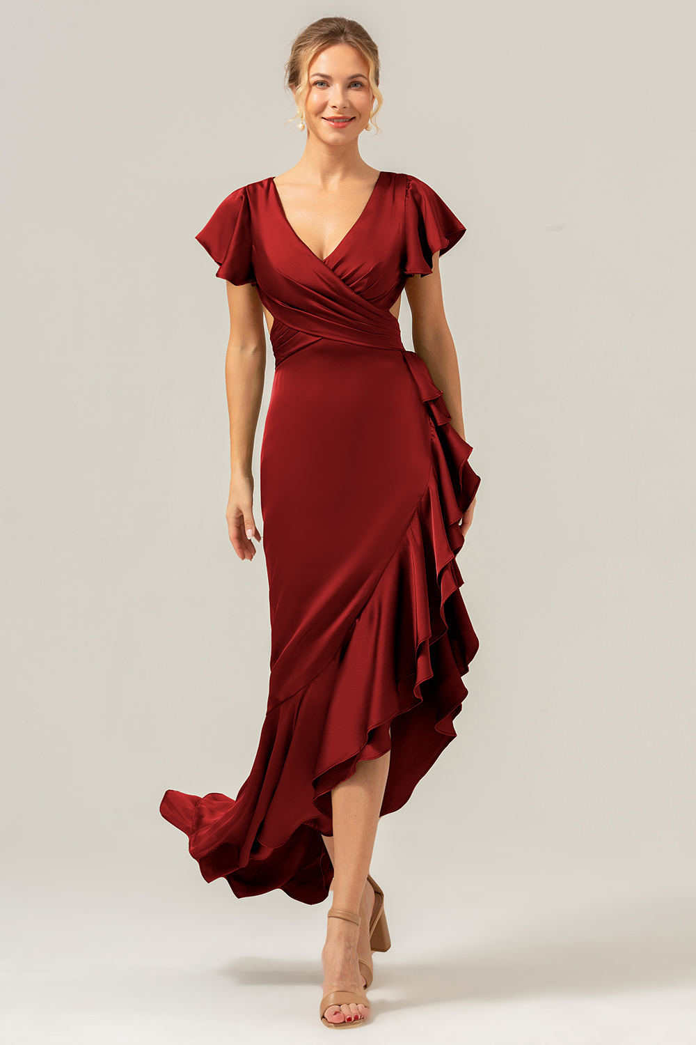 Elegant Asymmetrical Midi Formal Dress with Bow Back