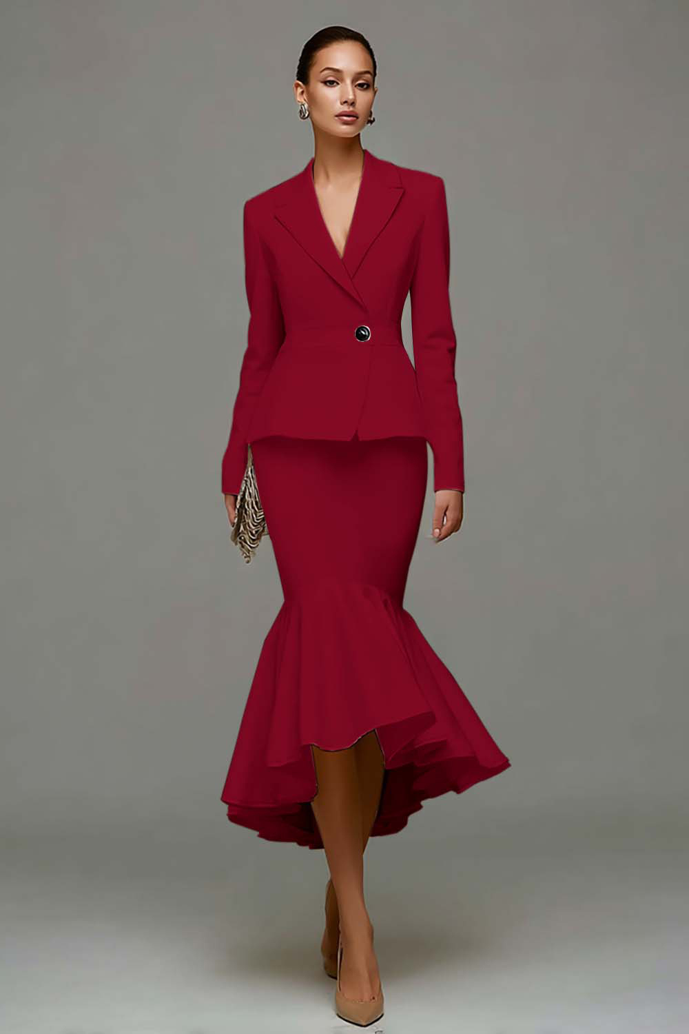 2 Piece Ivory Notched Lapel Satin Midi Business Suits with Ruffles